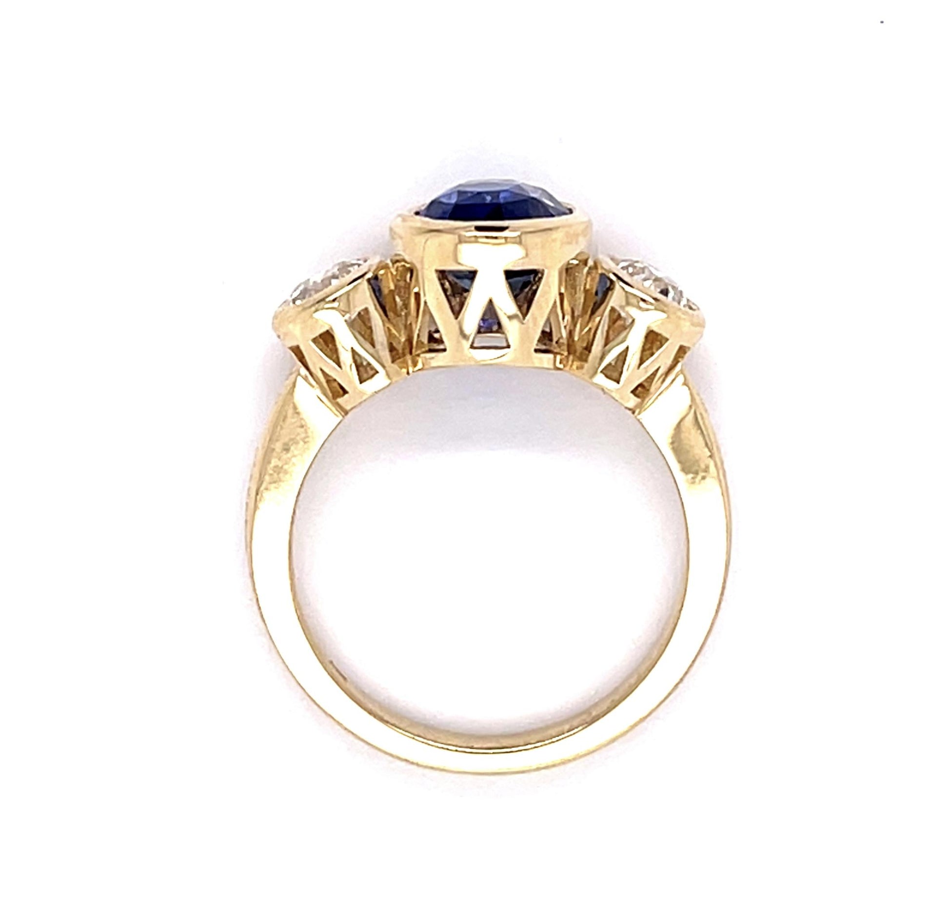 2.89ct Sapphire .69ct Old European Dia 14KY Three Stone Ring 5.31g 6.50 Size