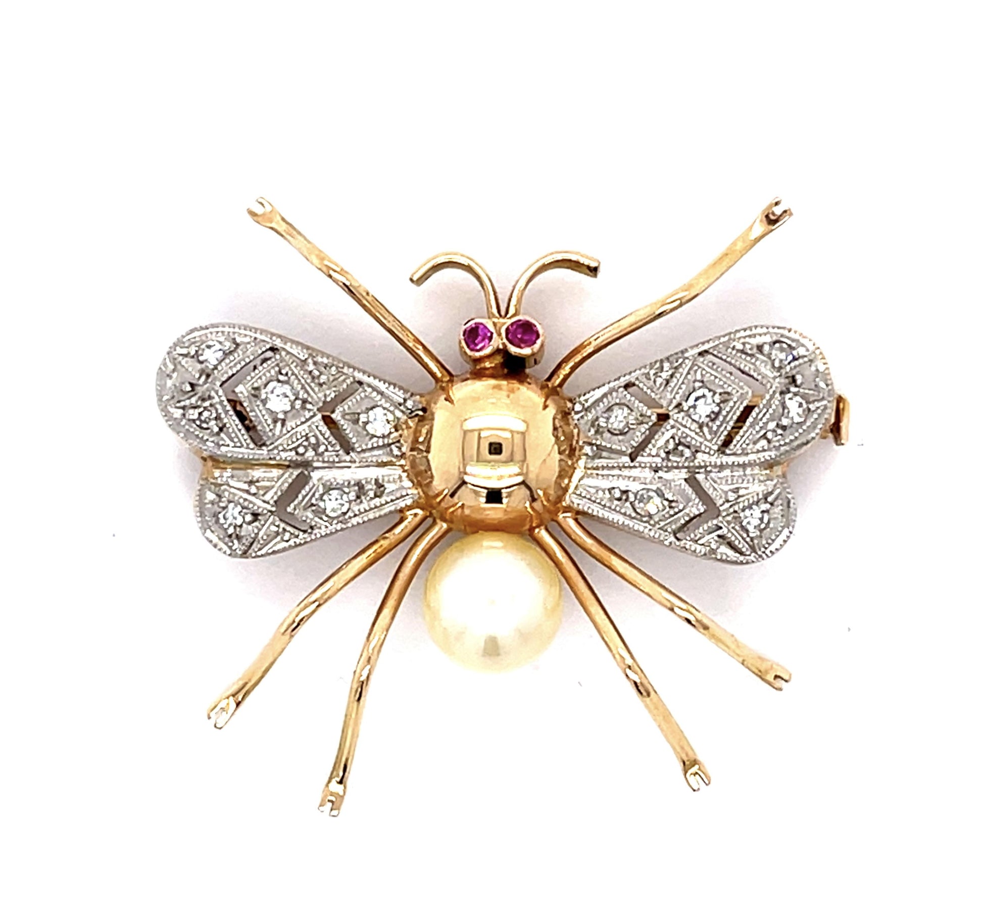 .28ct Diamond 6.66mm Pearl 18KY Bug Brooch Pin