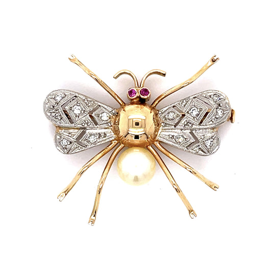 .28ct Diamond 6.66mm Pearl 18KY Bug Brooch Pin