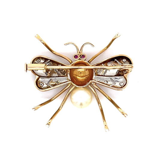 .28ct Diamond 6.66mm Pearl 18KY Bug Brooch Pin