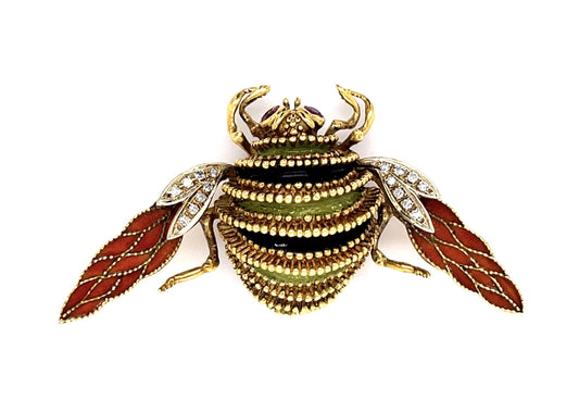 Italian Frascarolo .40ct Diamond .30ct Ruby + Enamel 18KY Bee Brooch Pin