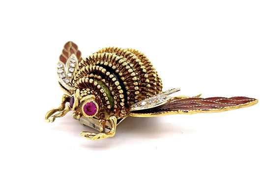 Italian Frascarolo .40ct Diamond .30ct Ruby + Enamel 18KY Bee Brooch Pin