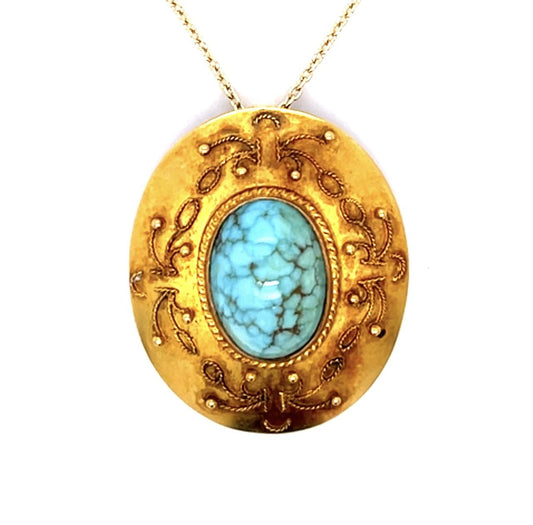 Victorian Etruscan Revival Persian Turquoise (No Cert) 14KY Pendant (1870s)