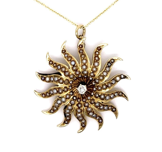 Victorian .15ct Old Mine Diamond + Seed Pearl 14KY Pendant (Antique 1890s)