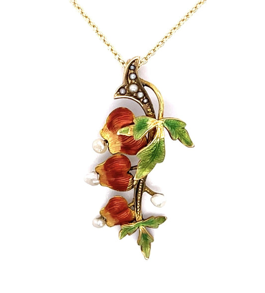 Art Nouveau Seed Pearl + Enamel 14KY Pendant (Antique 1900s)