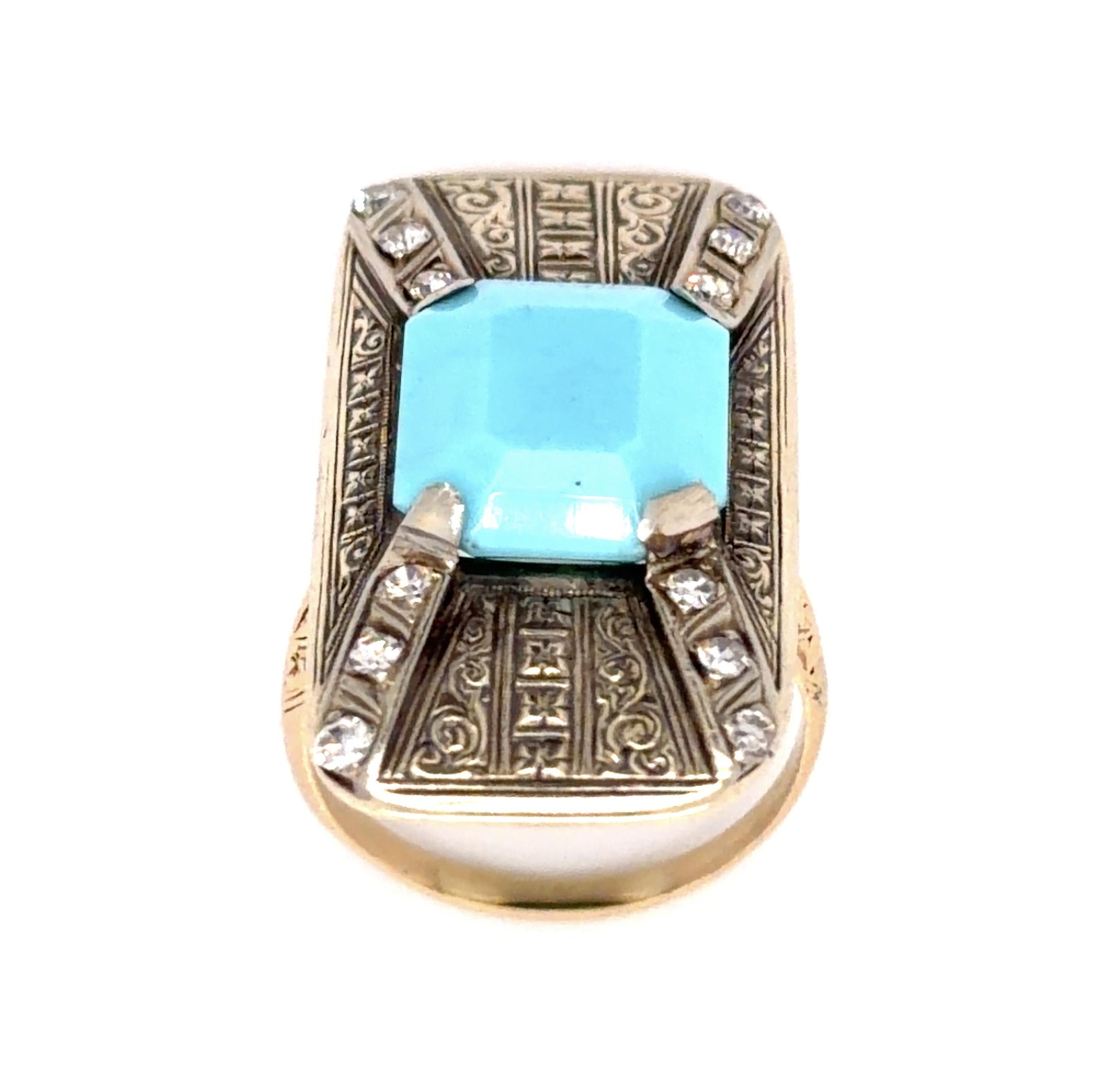 Art Deco Turquoise + .20ct Single cut Diamond 14KY Ring (Antique 1920s)