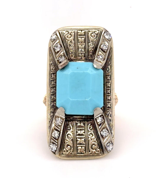 Art Deco Turquoise + .20ct Single cut Diamond 14KY Ring (Antique 1920s)