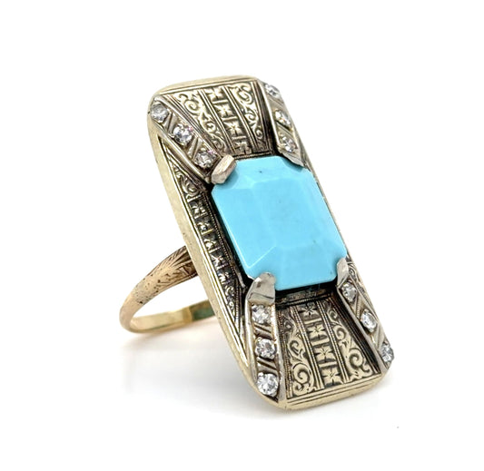 Art Deco Turquoise + .20ct Single cut Diamond 14KY Ring (Antique 1920s)