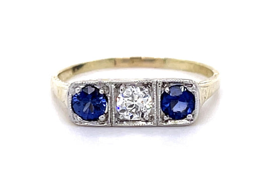 Art Deco .15ct Old European Diamond .40ct Sapphire 14KY Ring (Antique 1920s)