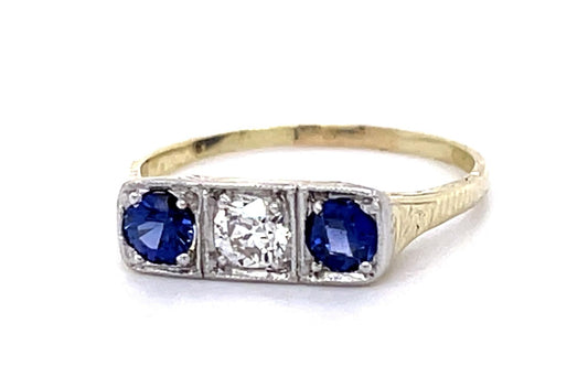 Art Deco .15ct Old European Diamond .40ct Sapphire 14KY Ring (Antique 1920s)