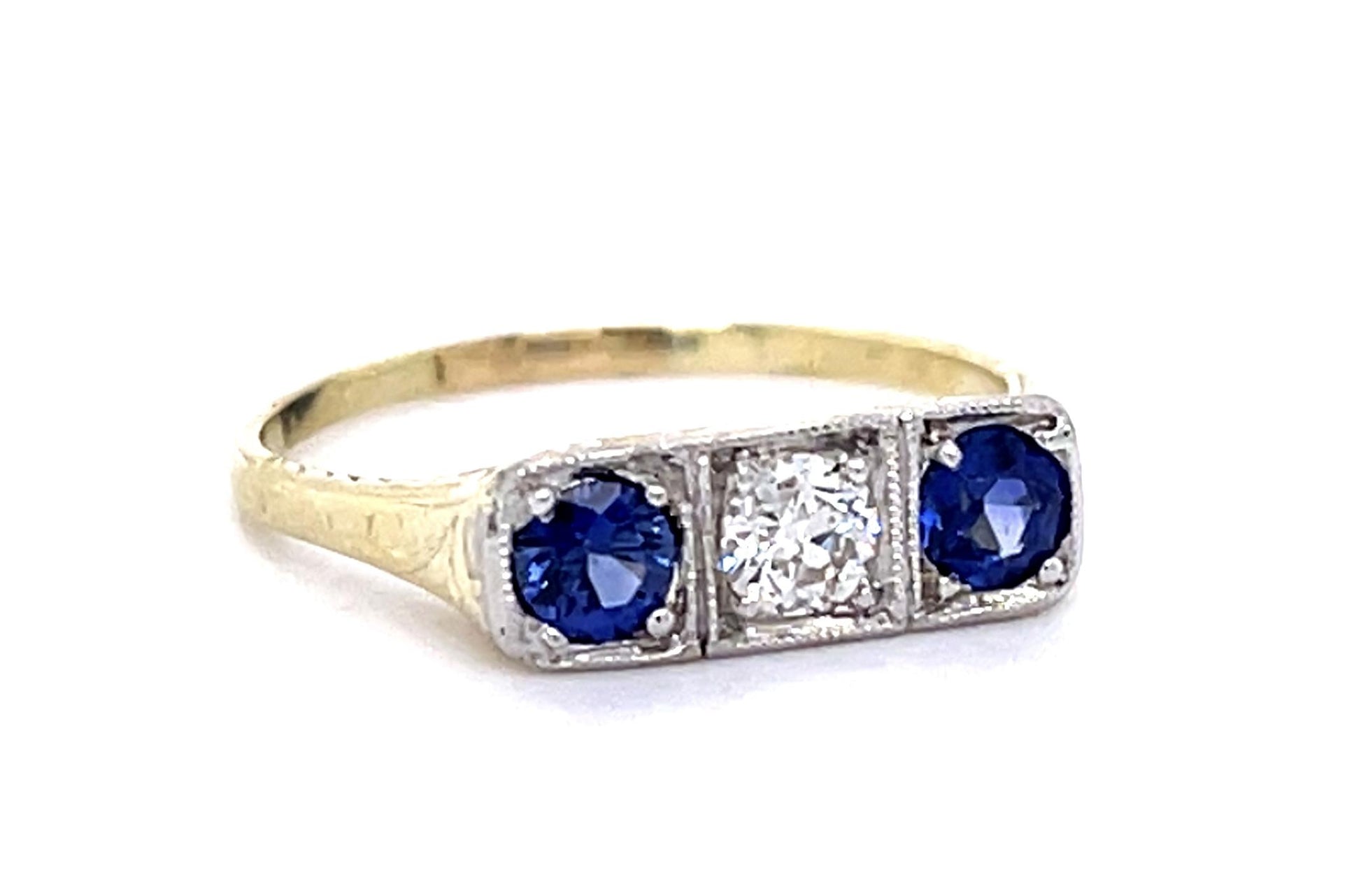 Art Deco .15ct Old European Diamond .40ct Sapphire 14KY Ring (Antique 1920s)