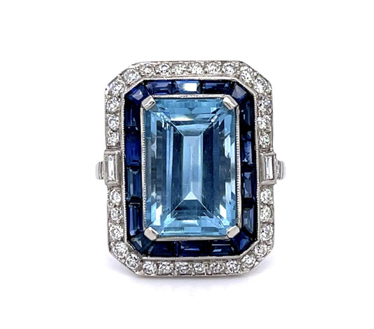 6.13ct Aquamarine 1.65ct Sapphire .72ct European Dia Platinum Handmade Ring