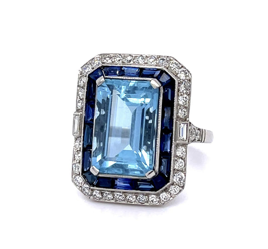 6.13ct Aquamarine 1.65ct Sapphire .72ct European Dia Platinum Handmade Ring