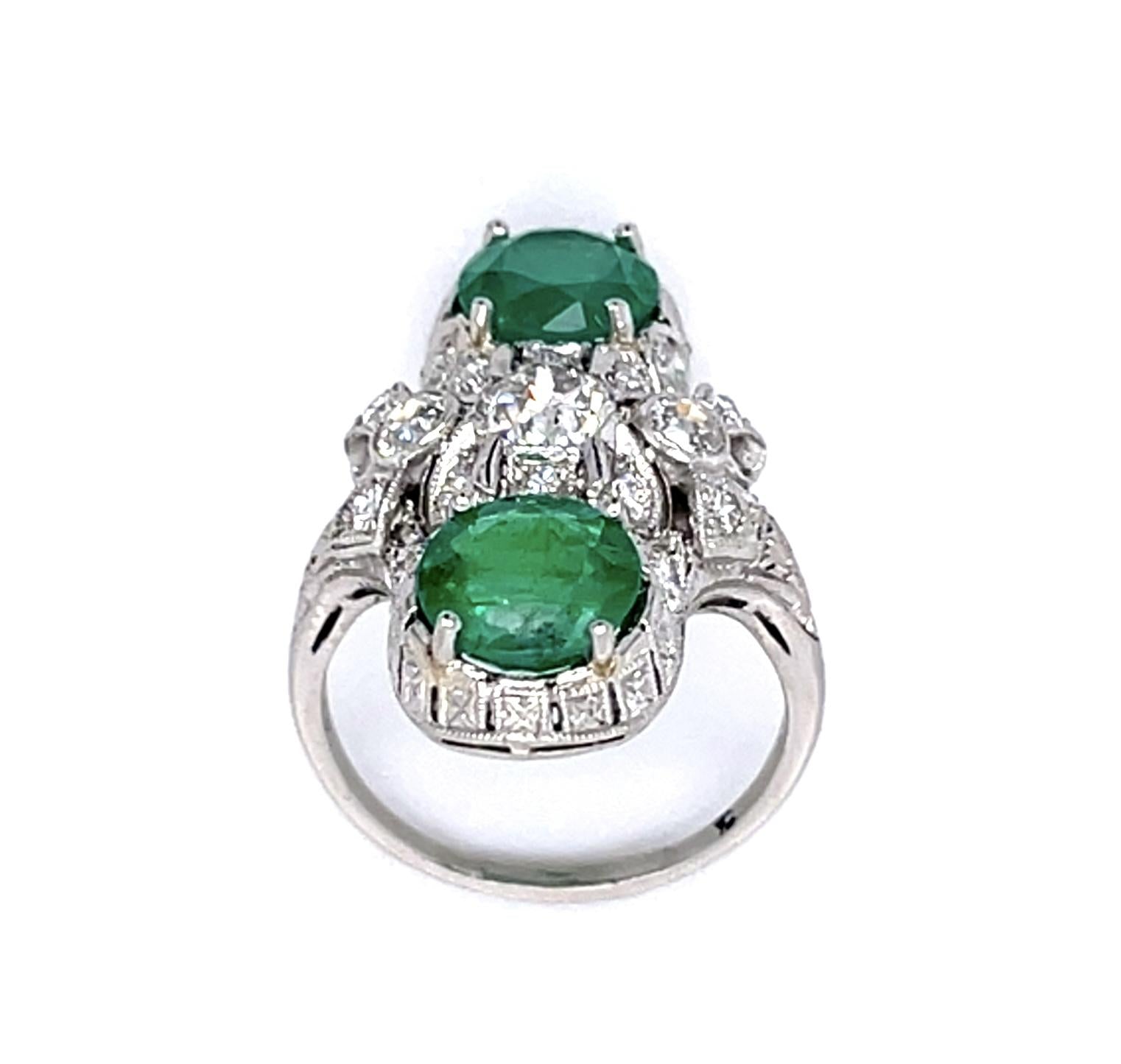 Art Deco 3.15ct Emerald .40ct Center Diamond Platinum Ring (Antique 1920s)