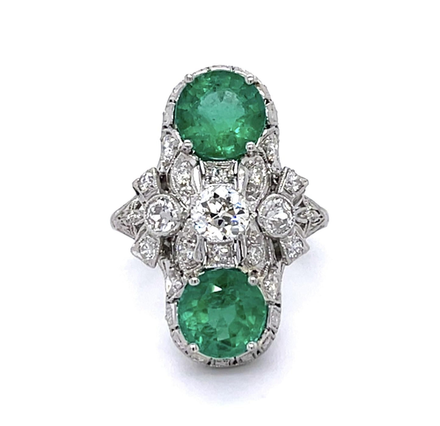 Art Deco 3.15ct Emerald .40ct Center Diamond Platinum Ring (Antique 1920s)