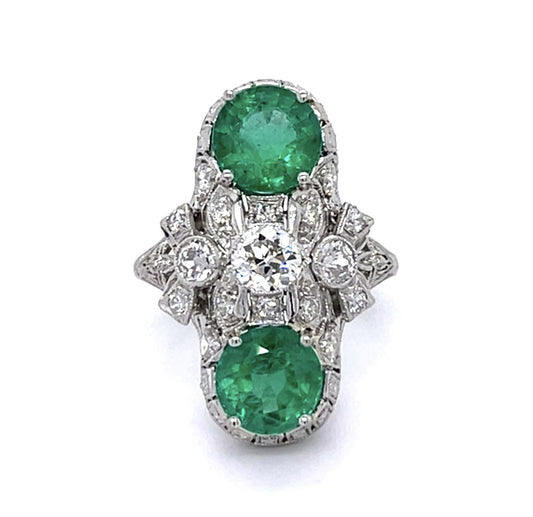 Art Deco 3.15ct Emerald .40ct Center Diamond Platinum Ring (Antique 1920s)