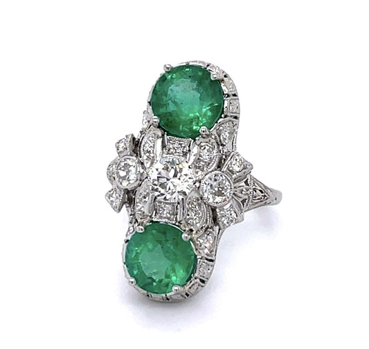 Art Deco 3.15ct Emerald .40ct Center Diamond Platinum Ring (Antique 1920s)