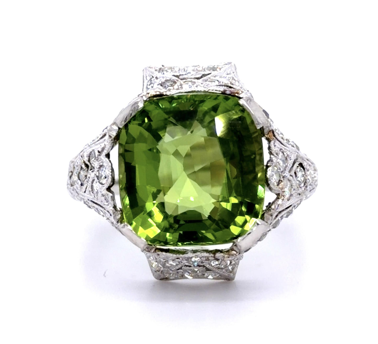 Art Deco 9.90ct Peridot &  1.75ctw Diamond PT  9.25gr Ring Circa 1920s