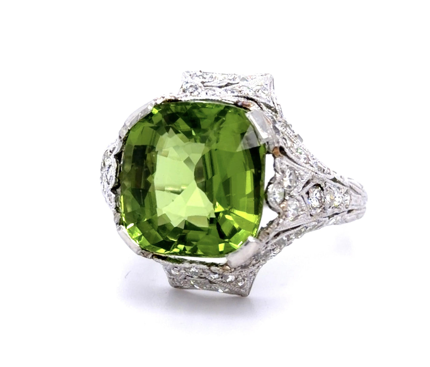 Art Deco 9.90ct Peridot &  1.75ctw Diamond PT  9.25gr Ring Circa 1920s