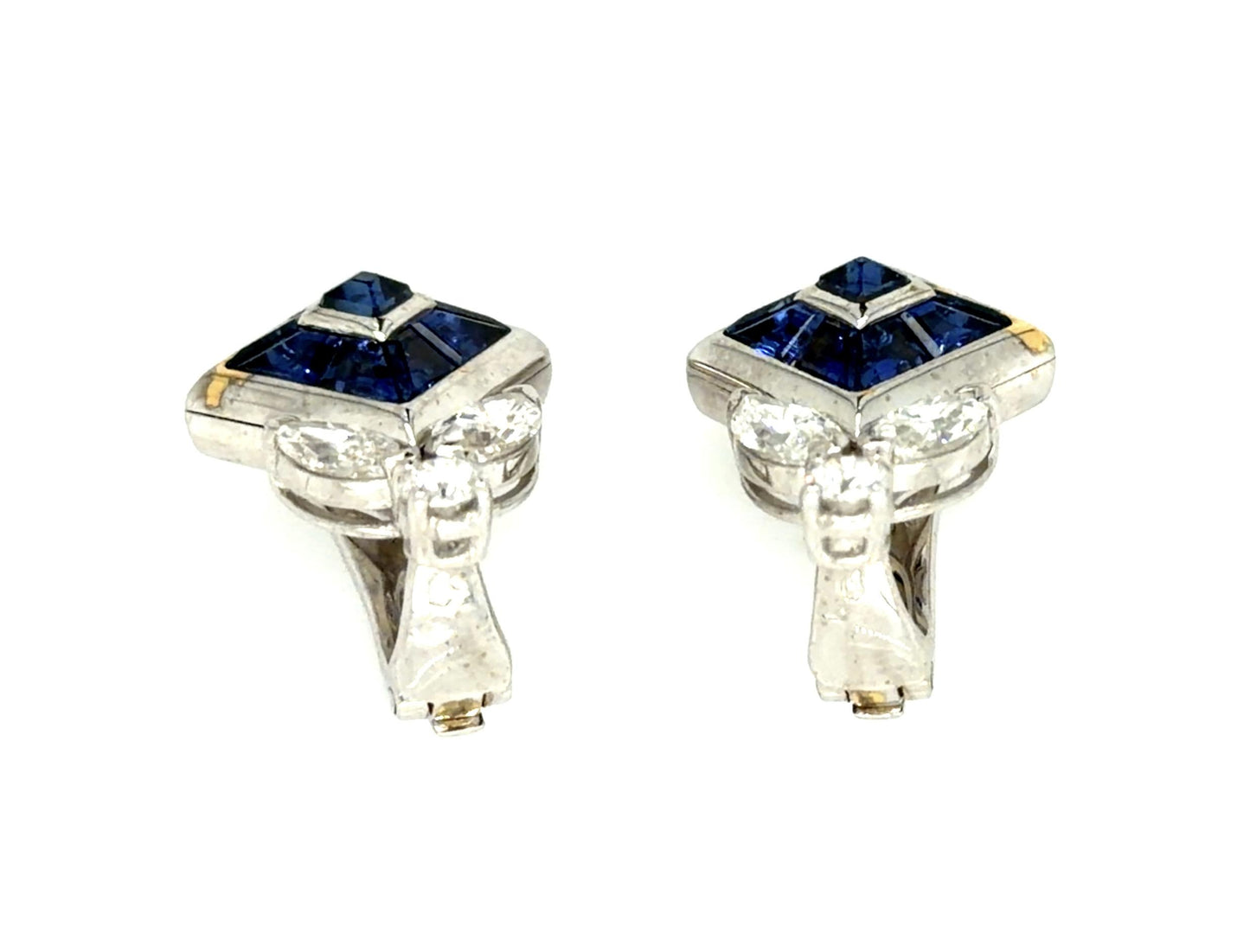 French 3ct Sapphire 1.20ct Diamond 18KY Earrings 12.40g 7/8" Earrings