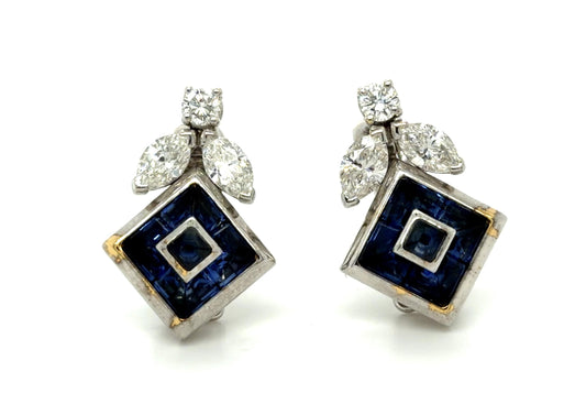 French 3ct Sapphire 1.20ct Diamond 18KY Earrings 12.40g 7/8" Earrings