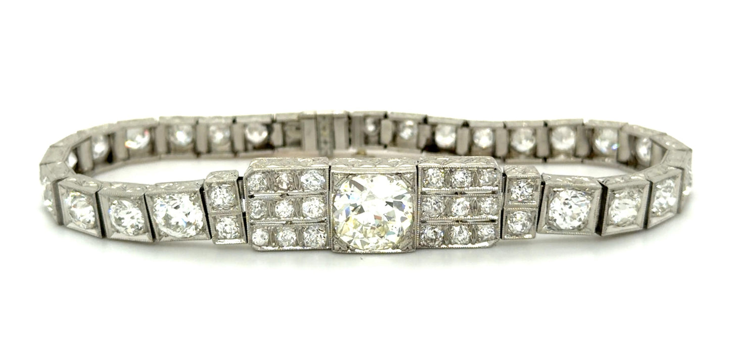 Art Deco 2.35ct Old European Center Diamond Platinum Bracelet (Vintage 1930s)