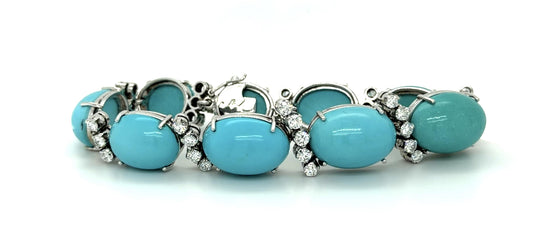 70ct Turquoise 4.40ct Diamond 18KW Bracelet (Vintage 1960s)