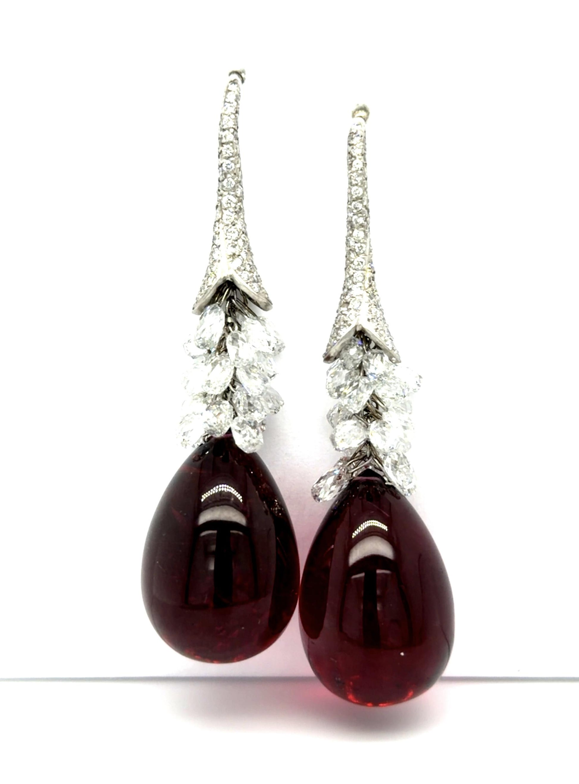 40ct Cabochon Rubelite Tourmaline Platinum Drop Earrings