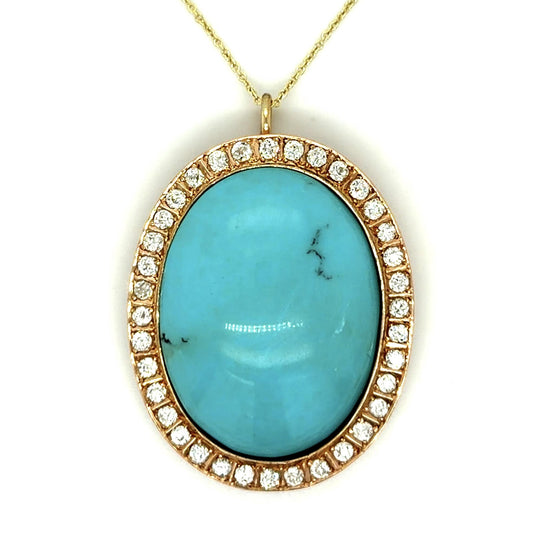 Victorian 52ct Turquoise 2.75ct Diamond 14K Rose Gold Pendant (Antique 1880s)