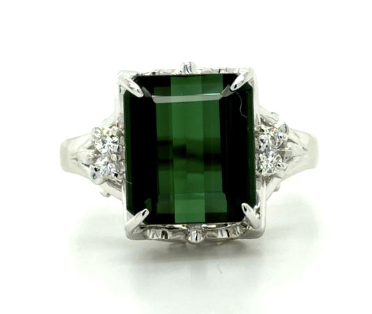 4.40ct Green Tourmaline .07ct Diamond Platinum Ring