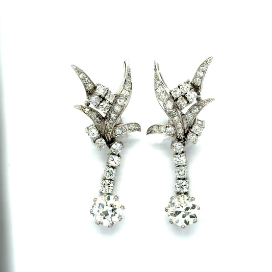 3ct Center Diamond 14KW Drop Earrings (Vintage 1950s) 2.50ct Side Dia