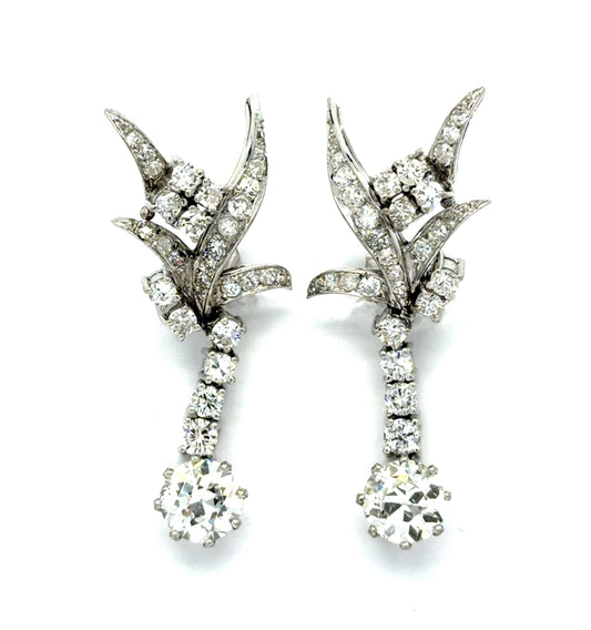 3ct Center Diamond 14KW Drop Earrings (Vintage 1950s) 2.50ct Side Dia