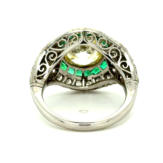 3.86ct Old European Diamond 1.87ct Emerald French-cut Platinum Handmade Ring