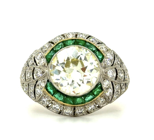 3.86ct Old European Diamond 1.87ct Emerald French-cut Platinum Handmade Ring