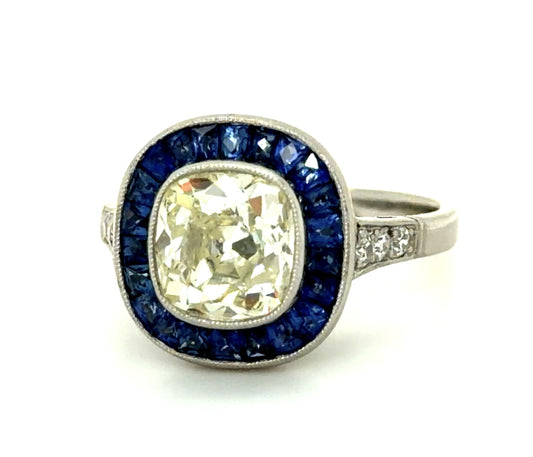 2.18ct Old Mine Cushion Diamond 1.47ct French-cut Sapphires Handmade PT Ring