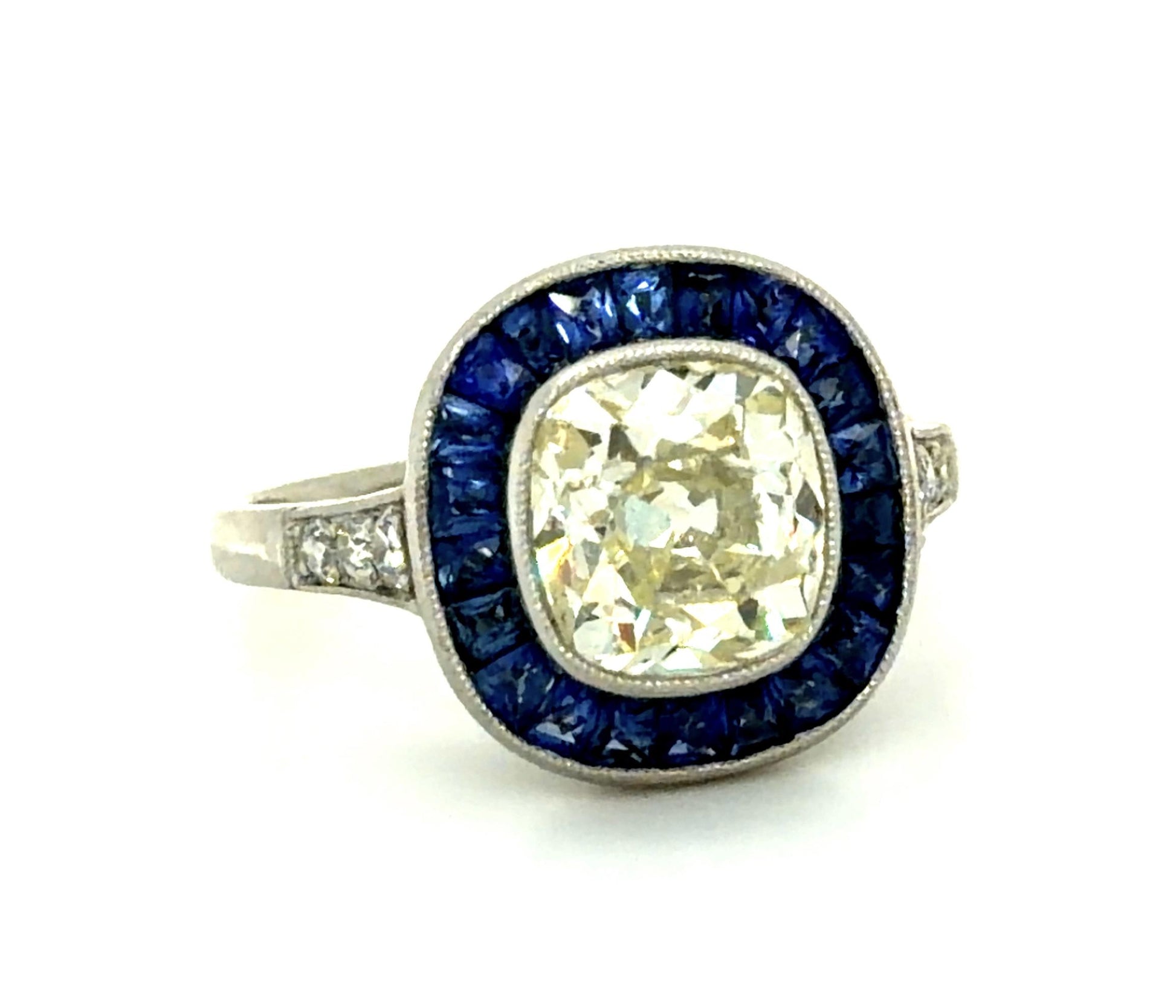 2.18ct Old Mine Cushion Diamond 1.47ct French-cut Sapphires Handmade PT Ring