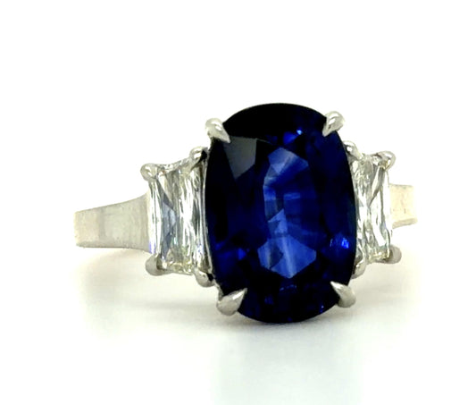 4.58ct Madagascar Heated Cushion Sapphire .83ct Hexagon Diamond PT Ring