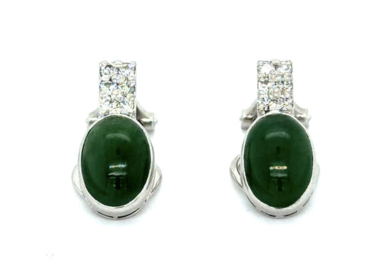 4ct Jade .24ct Diamond 14KW+PT Earrings