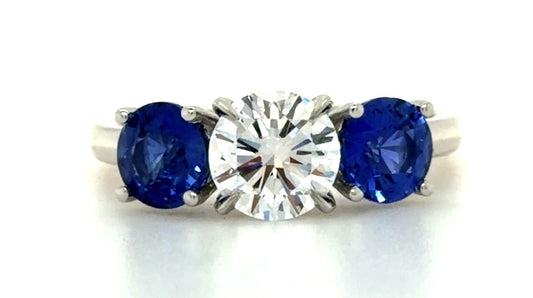 1.02ct D VVS2 Round Diamond 1.52ct Sapphire PT Three Stone Ring GIA 2235200833
