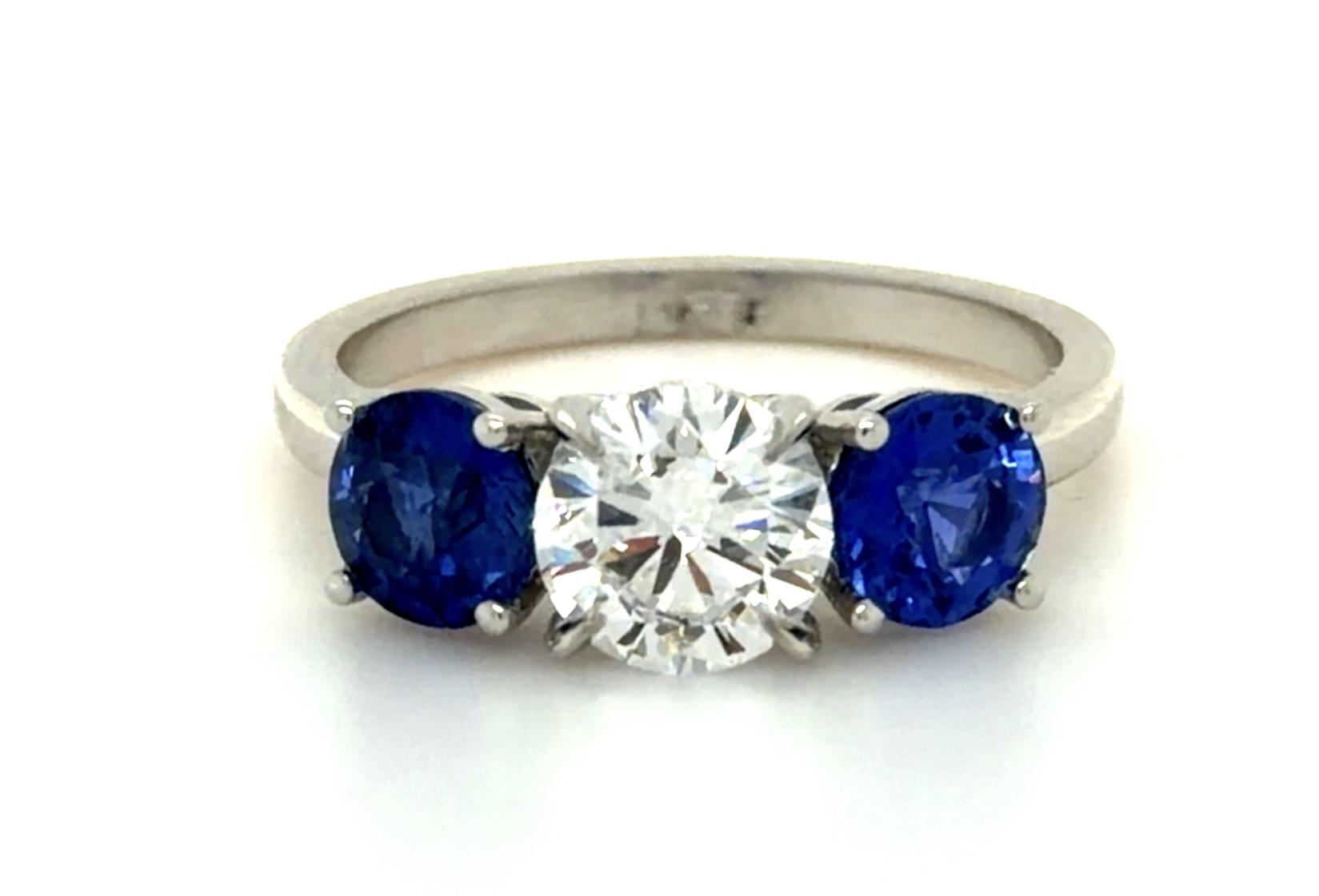 1.02ct D VVS2 Round Diamond 1.52ct Sapphire PT Three Stone Ring GIA 2235200833