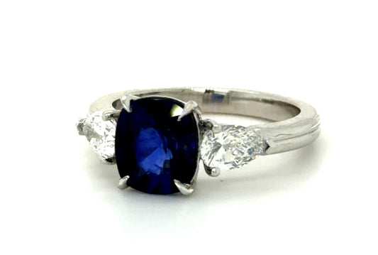 2.67ct Cushion Sapphire .77ct Pear Diamonds PT Ring