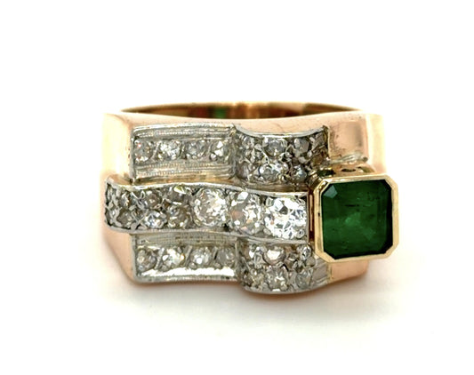 Retro .56ct Emerald .60ct Diamond 18KY Ring (Vintage 1940s)