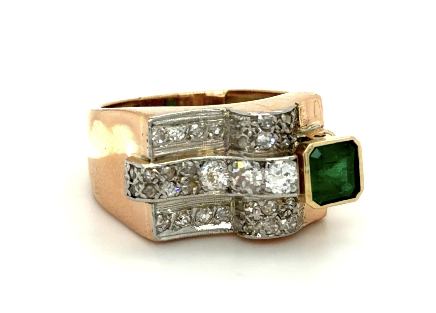 Retro .56ct Emerald .60ct Diamond 18KY Ring (Vintage 1940s)