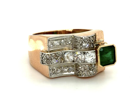 Retro .56ct Emerald .60ct Diamond 18KY Ring (Vintage 1940s)