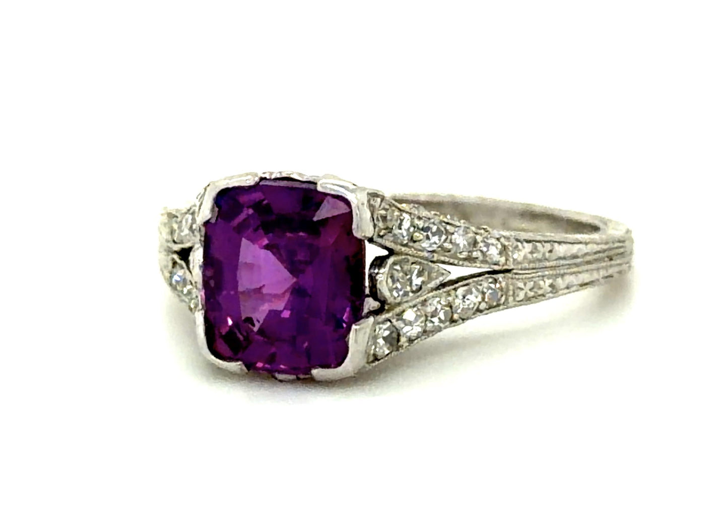 Estate  2.06ct Pink Sapphire Cushion &  0.40ctw Diamond PT  Art Deco Ring Circa