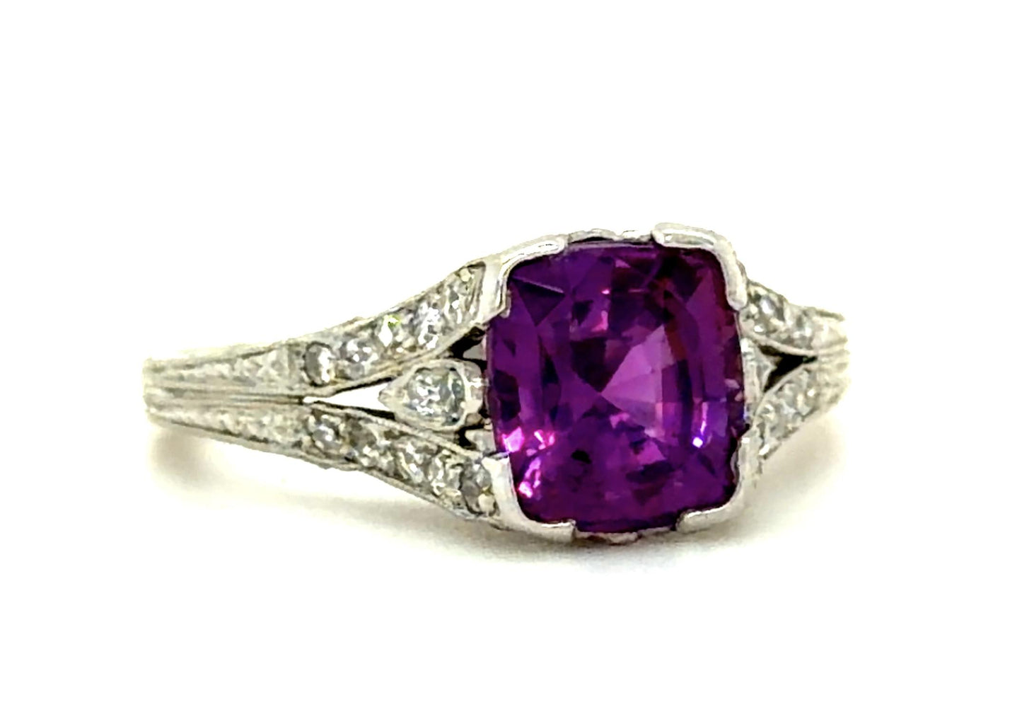 Estate  2.06ct Pink Sapphire Cushion &  0.40ctw Diamond PT  Art Deco Ring Circa