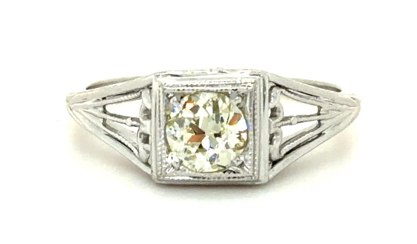 Original Art Deco .53ct Old European Diamond 18KW Ring (Vintage 1930s)