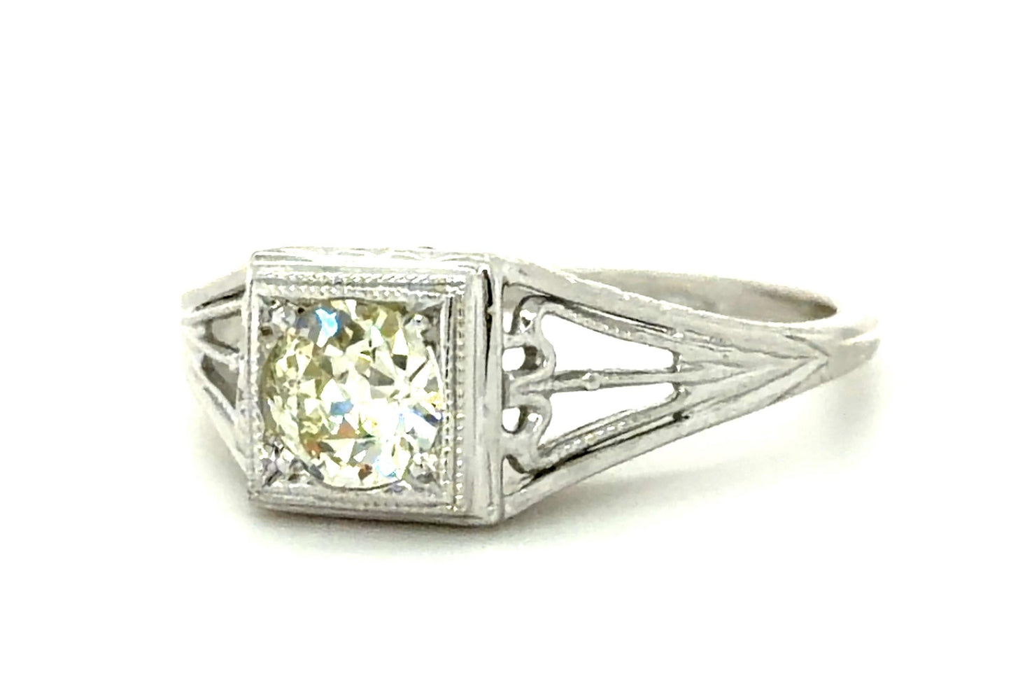 Original Art Deco .53ct Old European Diamond 18KW Ring (Vintage 1930s)