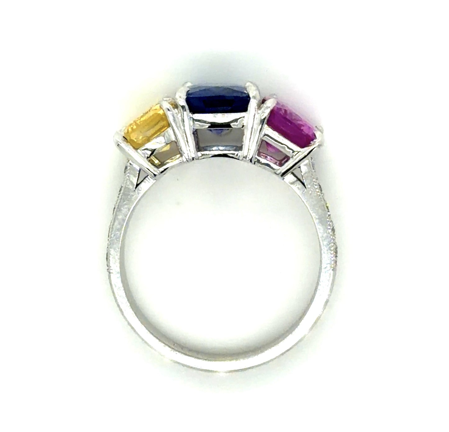 2.58ct Blue Sapphire 2.05ct Pink Sapphire 1.90ct Yellow Sap PT Three Stone Ring
