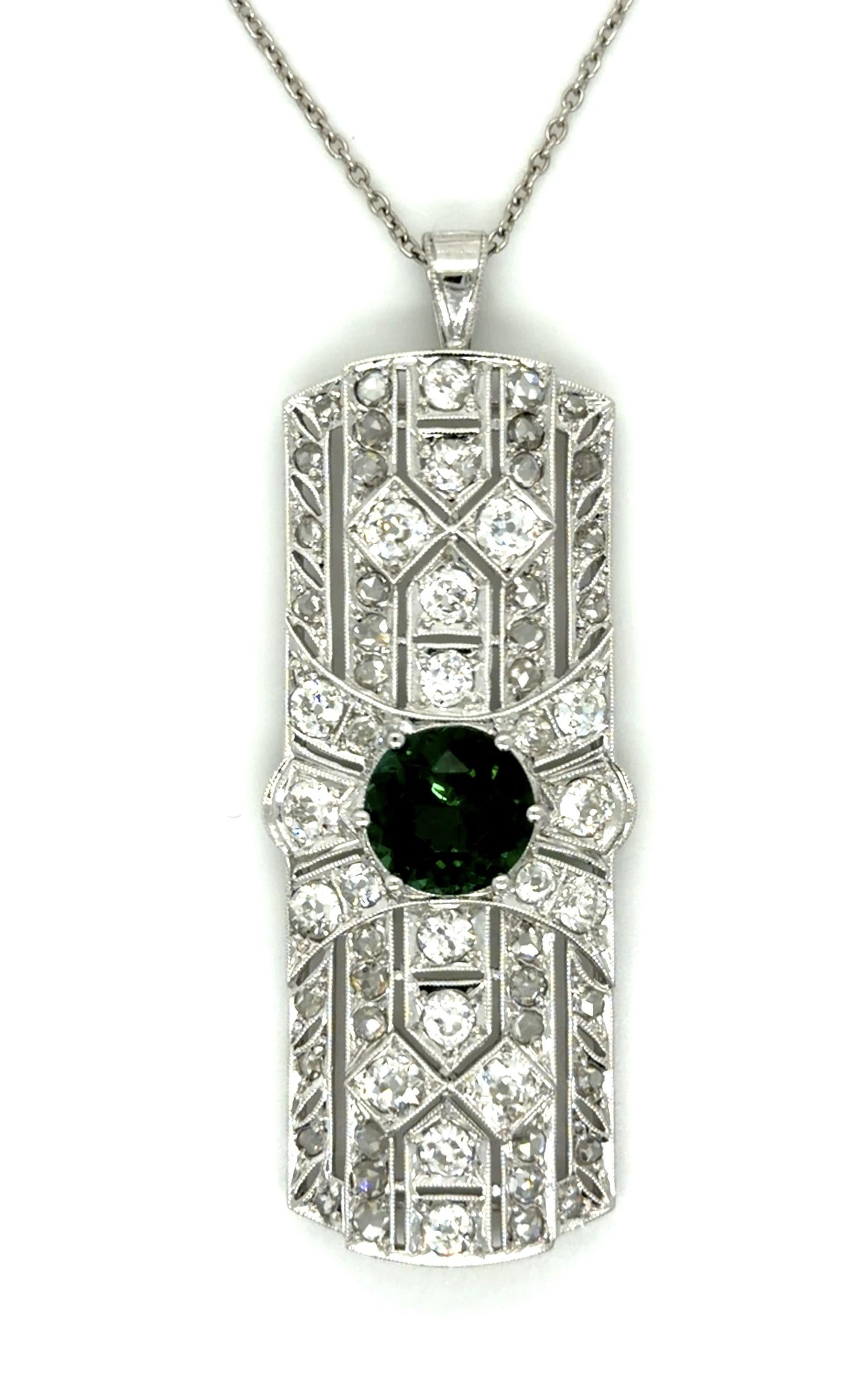 Art Deco 3.14ct Green Tourmaline 5ct Diamond Platinum Pendant (Antique 1920s)